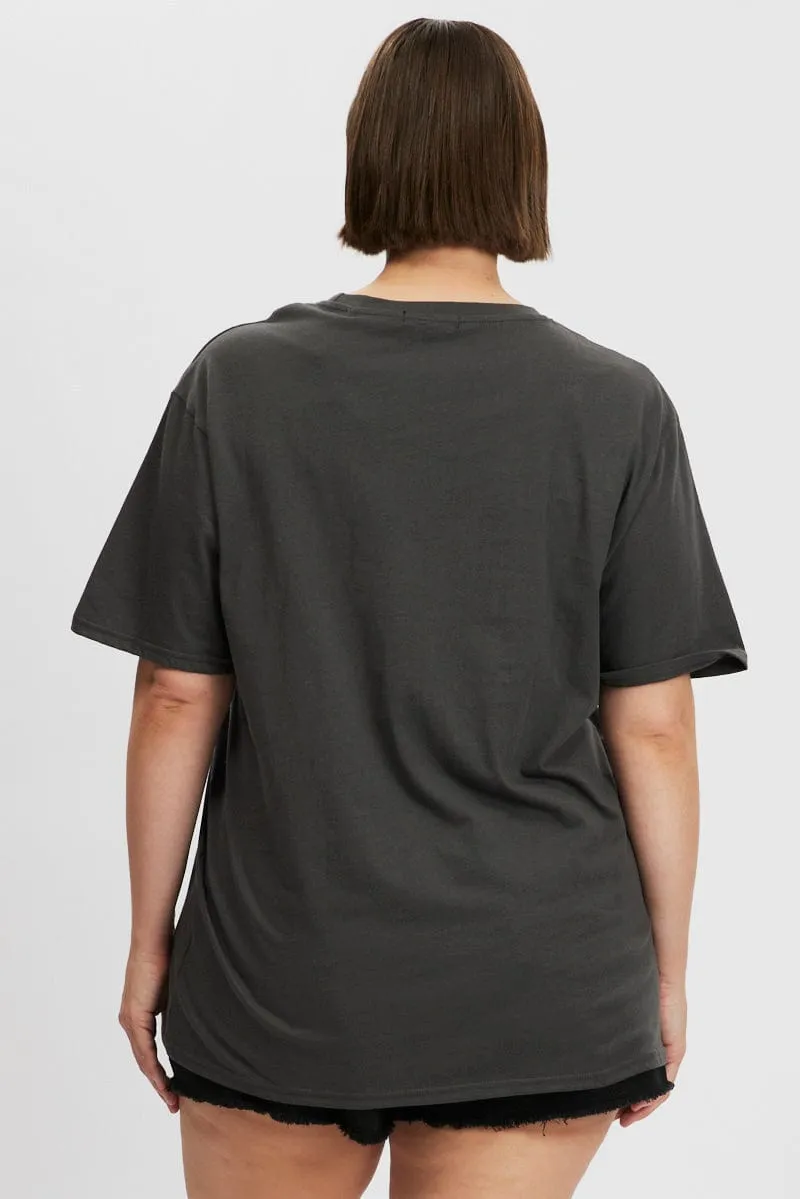 Grey Graphic T Shirt Short Sleeve Crew Neck Lightweight Comfort