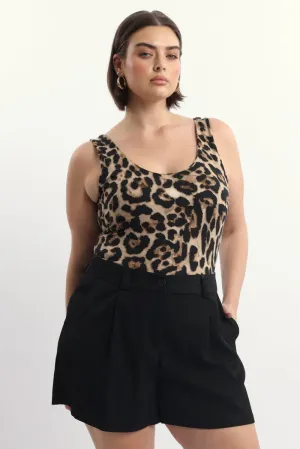 ElasticWaistband Brown Animal Print Bodysuit Sleeveless
