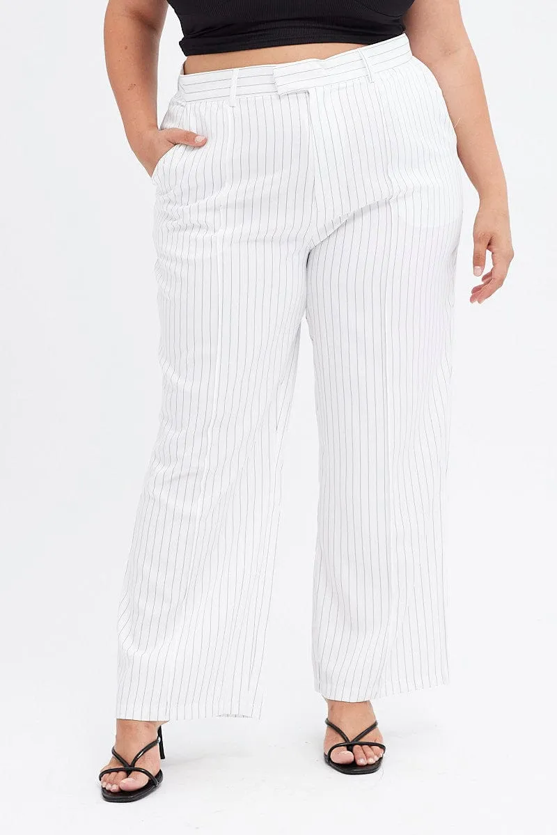 Casual Comfort Fit Back pockets Stripe Wide Leg Pants High Rise Pin Seam Front