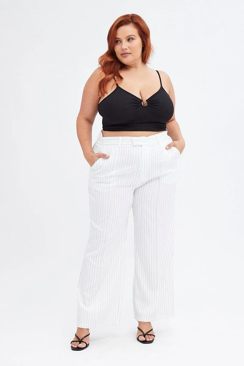 Flexible Use Comfortable Stretch Stripe Wide Leg Pants High Rise Pin Seam Front