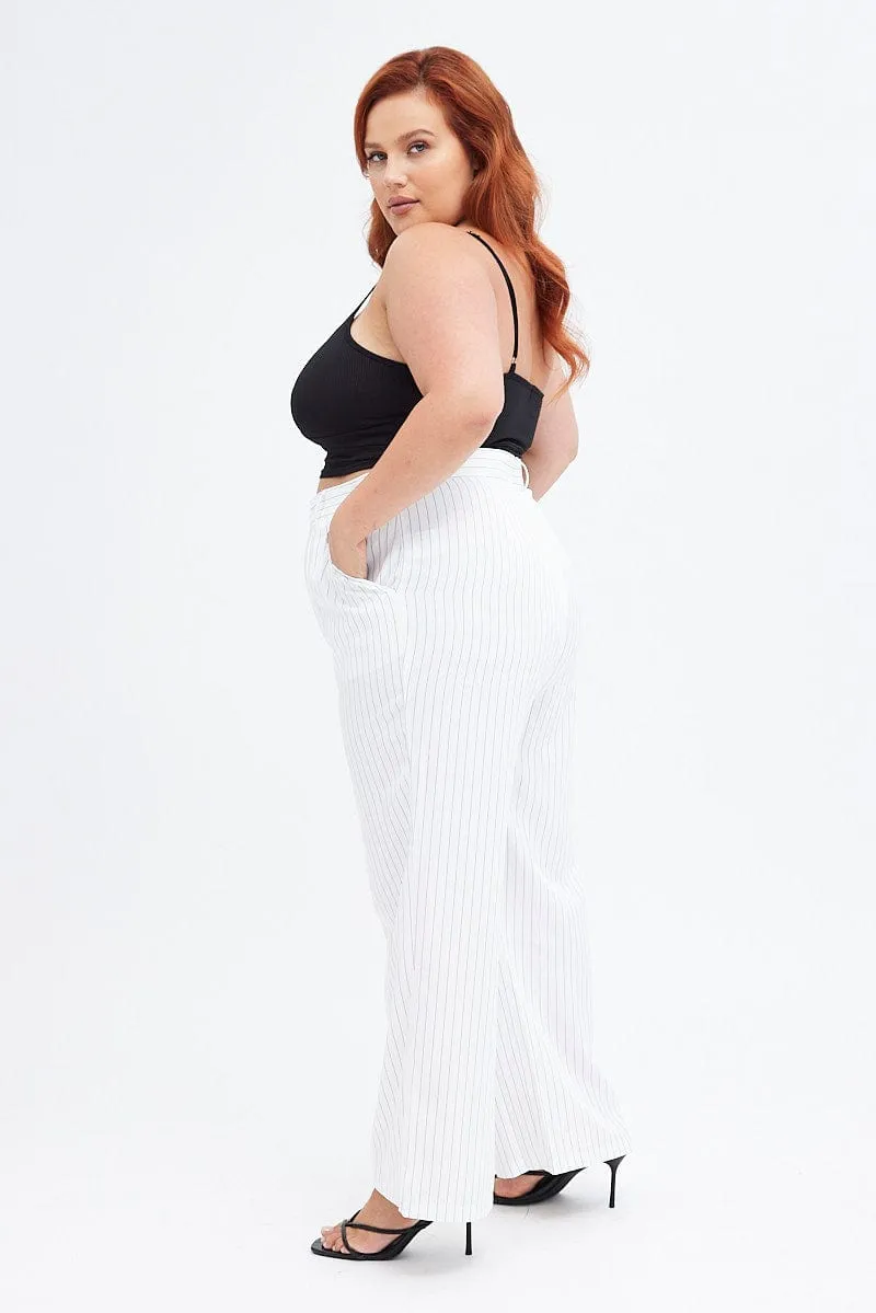 Stripe Wide Leg Pants High Rise Pin Seam Front Non Slip Waist Grip DoubleLayeredKnees