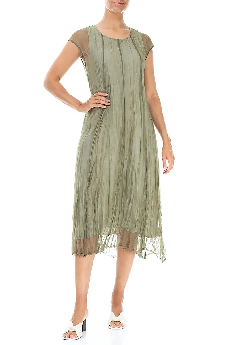 Laurel Green Crumpled Silk Chiffon Dress World Edge