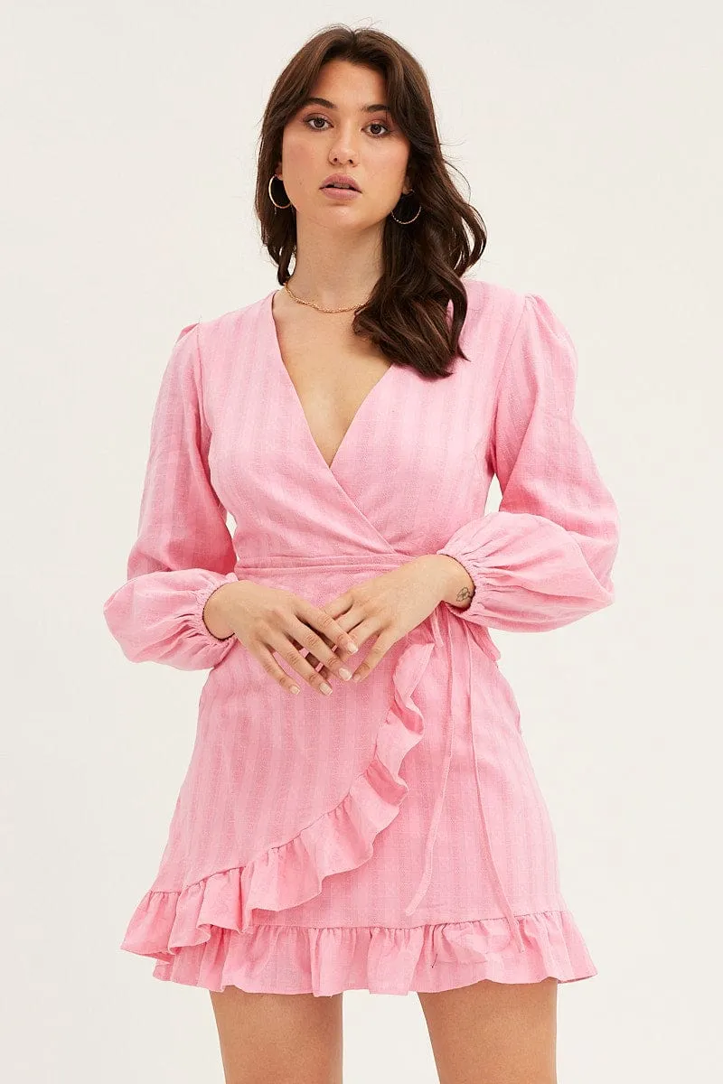 Pink Tie Waist Wrap Dress HighDurabilityClothing