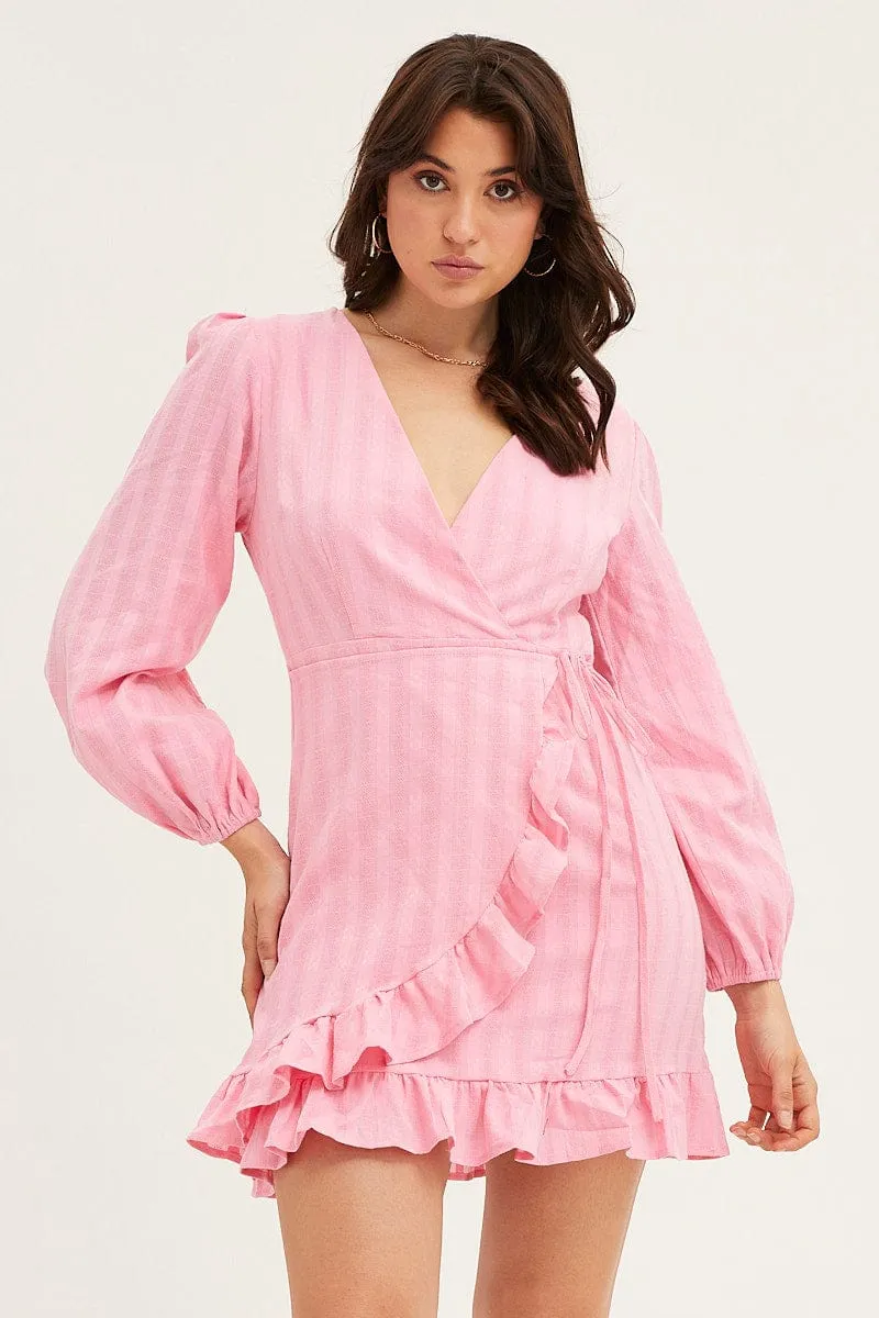 Pink Tie Waist Wrap Dress SoftTouch Texture Comfy Fashion