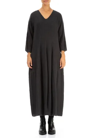 Adjustable drawstring ComfortStretch V-Neck Balloon Charcoal Linen Dress