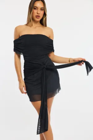 Adjustable drawstring WindResistantWeave Grey Bodycon Dress Off Shoulder Mini