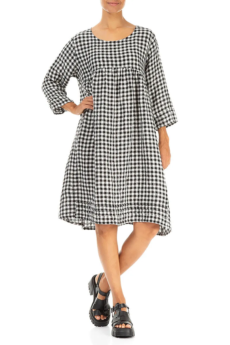 Flared Black & White Check Linen Dress Cool Frame Relaxing Wear