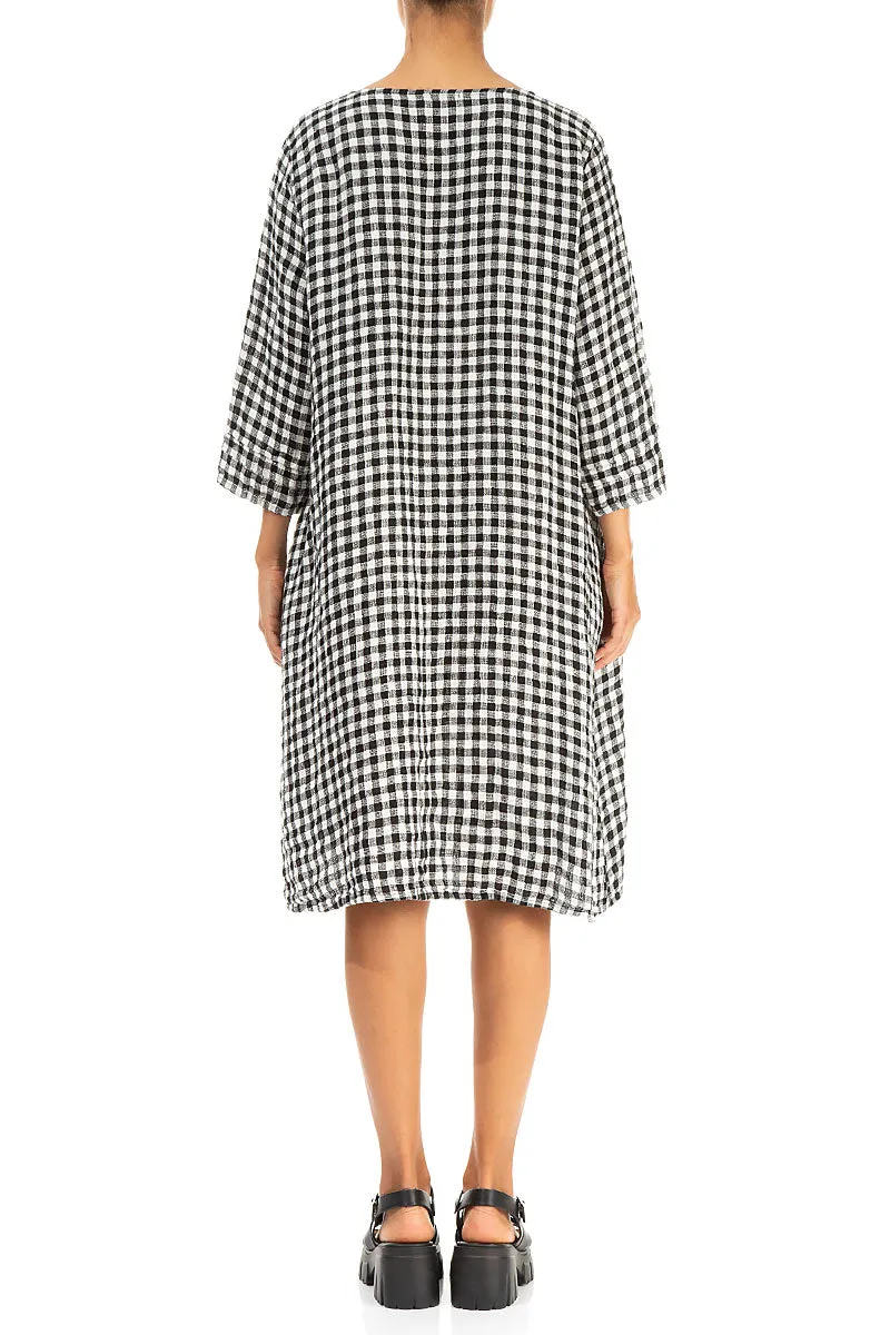 Flared Black & White Check Linen Dress Fashionable Skirt