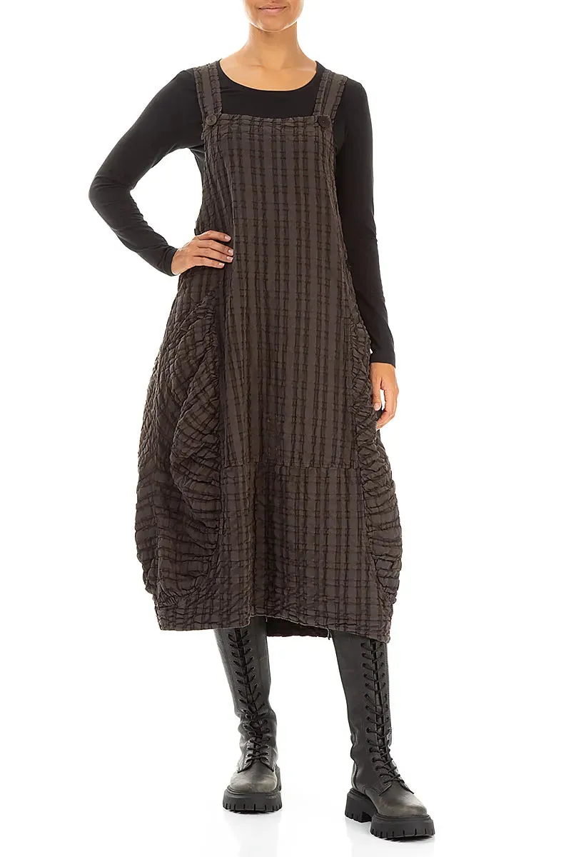 Energy Flow Forest Brown Checkered Linen Cotton Pinafore Dress