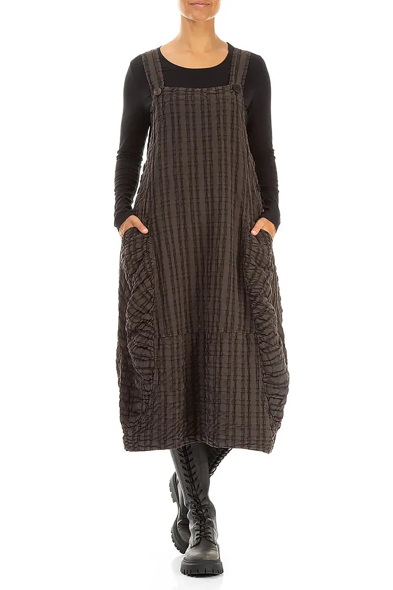Forest Brown Checkered Linen Cotton Pinafore Dress Hypoallergenic Fibers Street Fashion