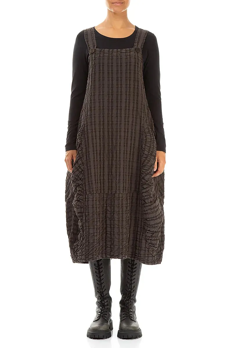 Cyber Core AdjustableCuffs Forest Brown Checkered Linen Cotton Pinafore Dress