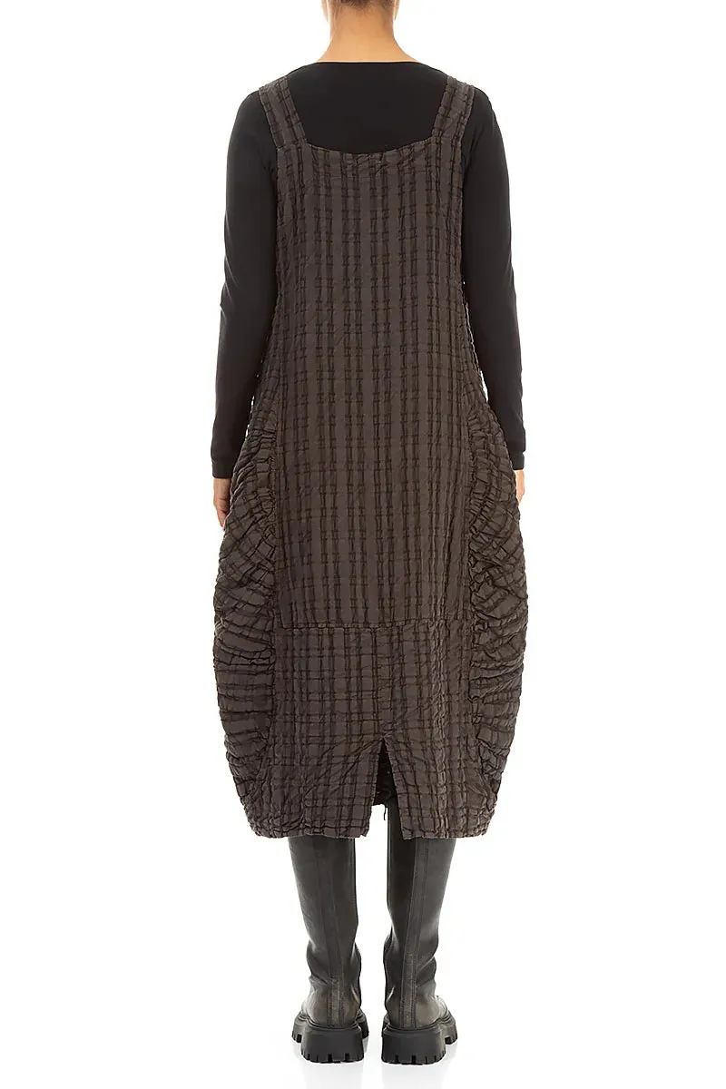 High End Forest Brown Checkered Linen Cotton Pinafore Dress