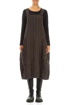 Cyber Core AdjustableCuffs Forest Brown Checkered Linen Cotton Pinafore Dress