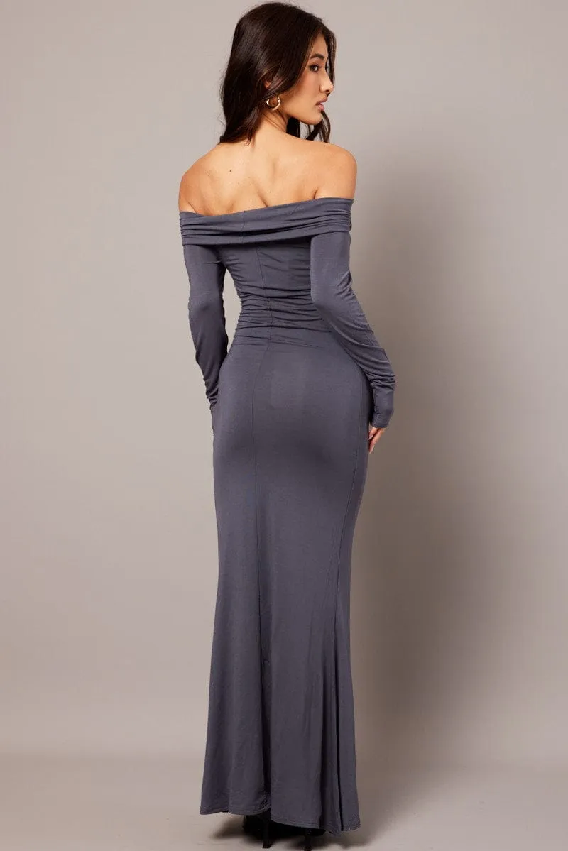 Airtight Zipper Smile Ease Grey Off Shoulder Dress Long Sleeve Maxi