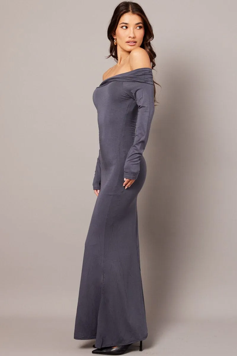 EcoFriendlyProduction Grey Off Shoulder Dress Long Sleeve Maxi