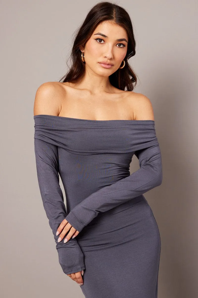 Grey Off Shoulder Dress Long Sleeve Maxi AntiStaticMaterial FlexibleElasticity