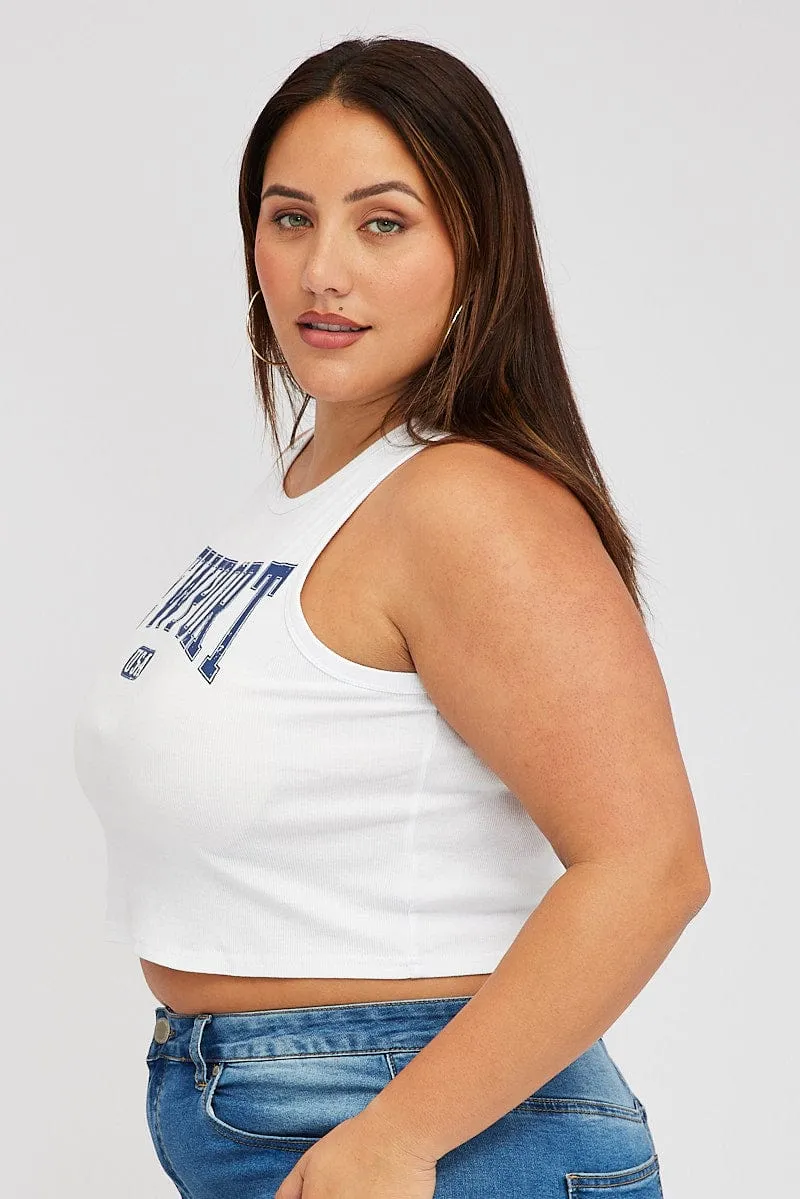 White Graphic Tank Top Crew Neck Young Edge