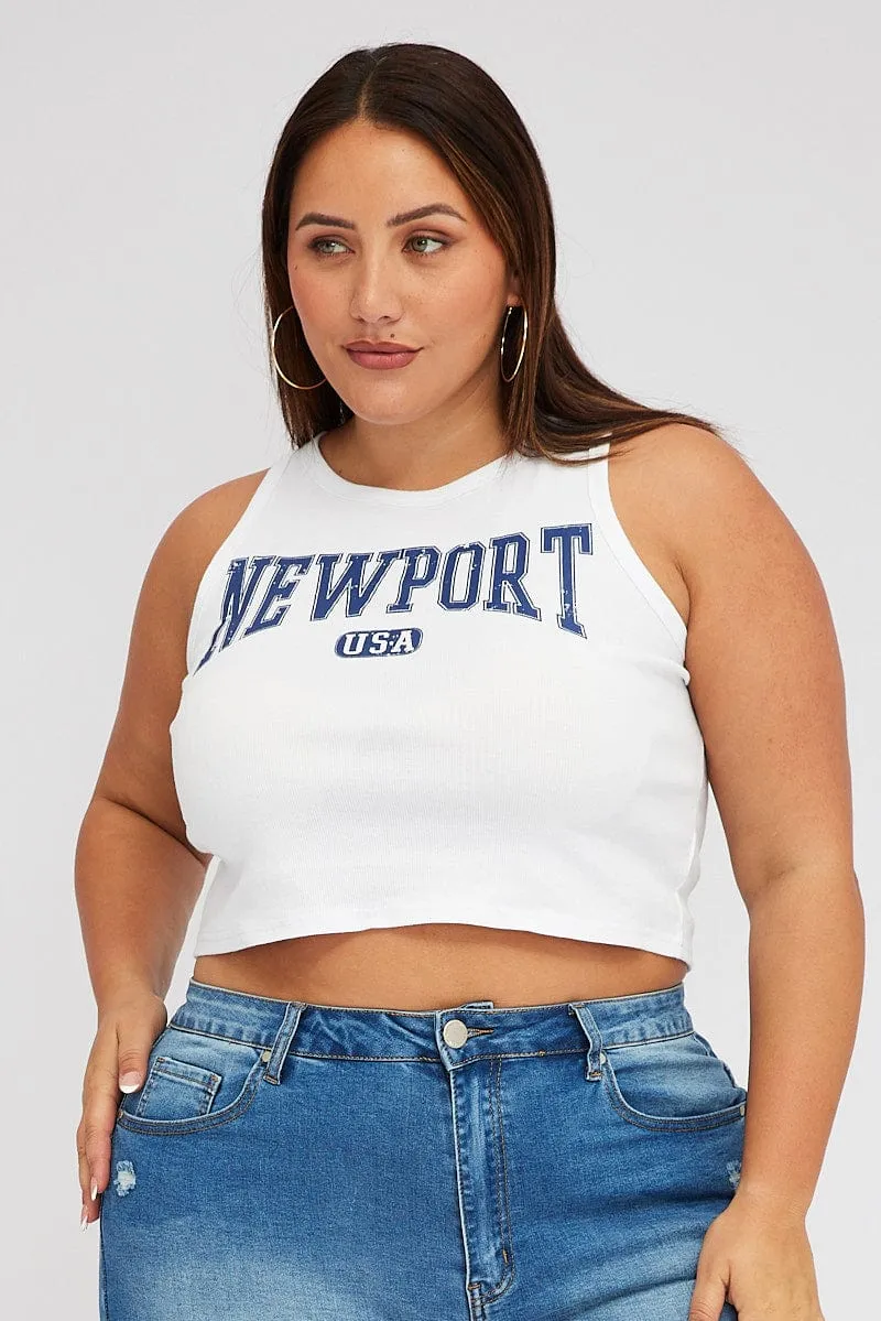 White Graphic Tank Top Crew Neck Layer Light