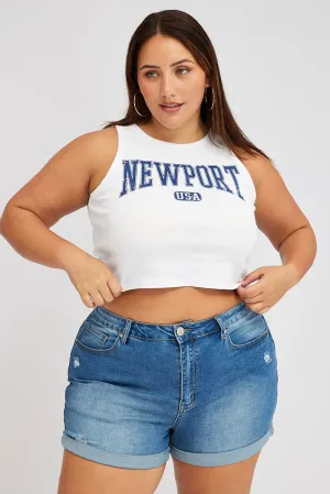White Graphic Tank Top Crew Neck Loose Thread