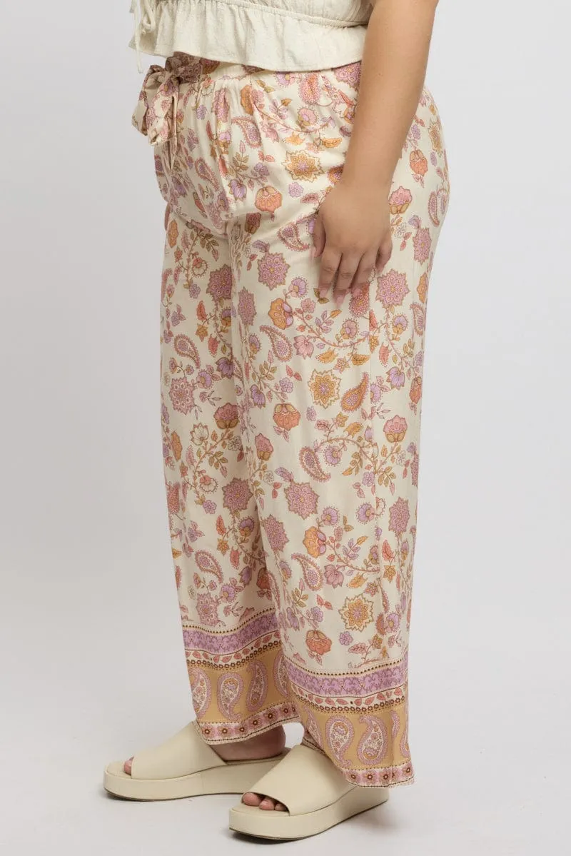 Beige Boho Tie Front Pants Organic Cotton Blend