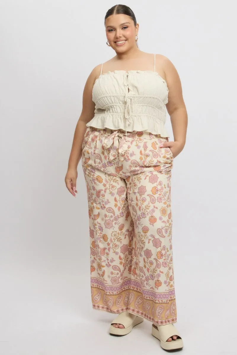 Compact Pack Wrinkle-Resistant Beige Boho Tie Front Pants