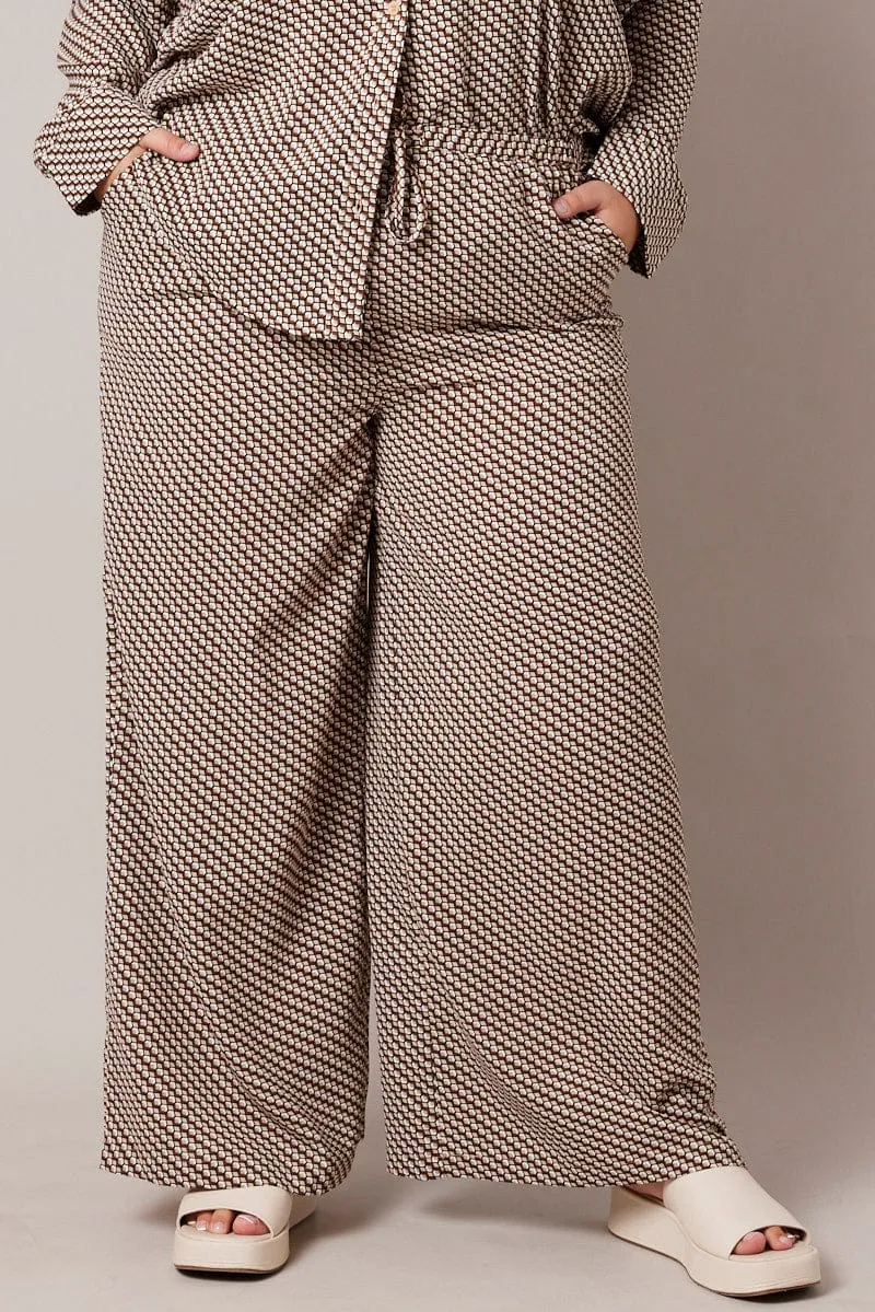 Brown Geo Wide Leg Pants High Rise Low Bulk Design