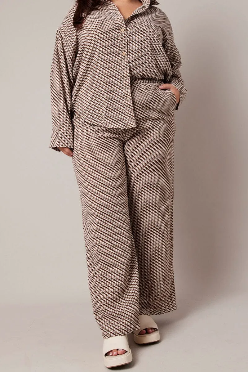 Quick Access Pockets Casual Comfort Look Brown Geo Wide Leg Pants High Rise