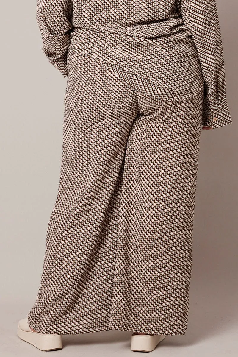 Brown Geo Wide Leg Pants High Rise Travel Fit Core Flex