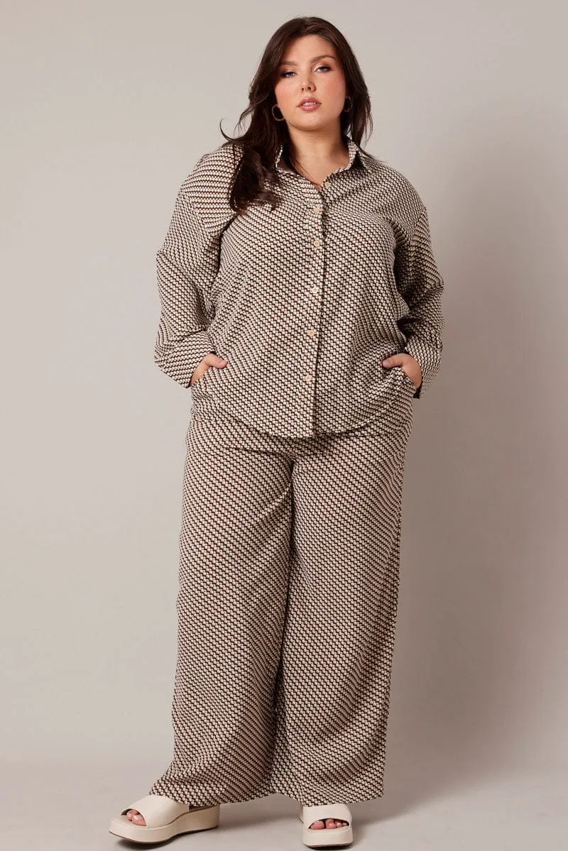 Brown Geo Wide Leg Pants High Rise Non Binding Cuffs OrganicCotton