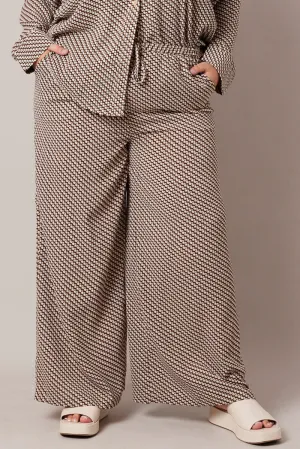 Brown Geo Wide Leg Pants High Rise Low Bulk Design