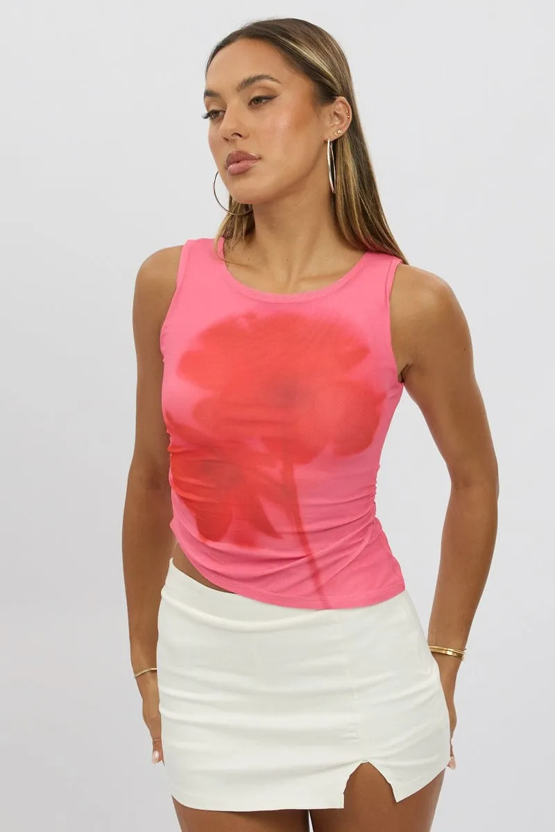 Pink Floral Mesh Tank Top Sleeveless Unbalance Hem Garden Ease