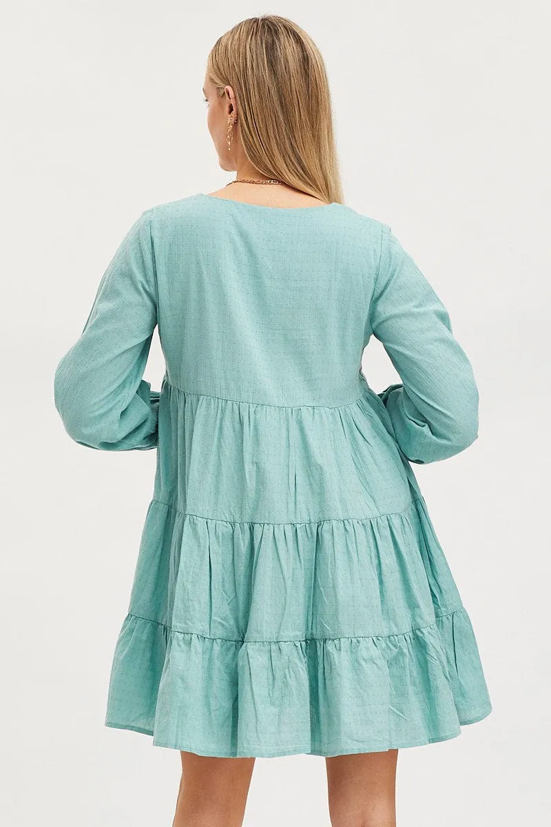 Green Smock Dress Long Sleeve Mini Reinforced Knees UltraSoft Texture
