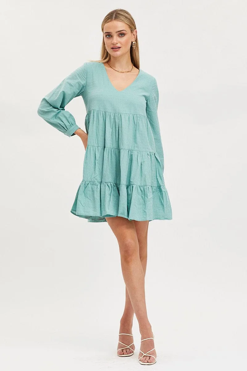 Green Smock Dress Long Sleeve Mini QuickDry Material