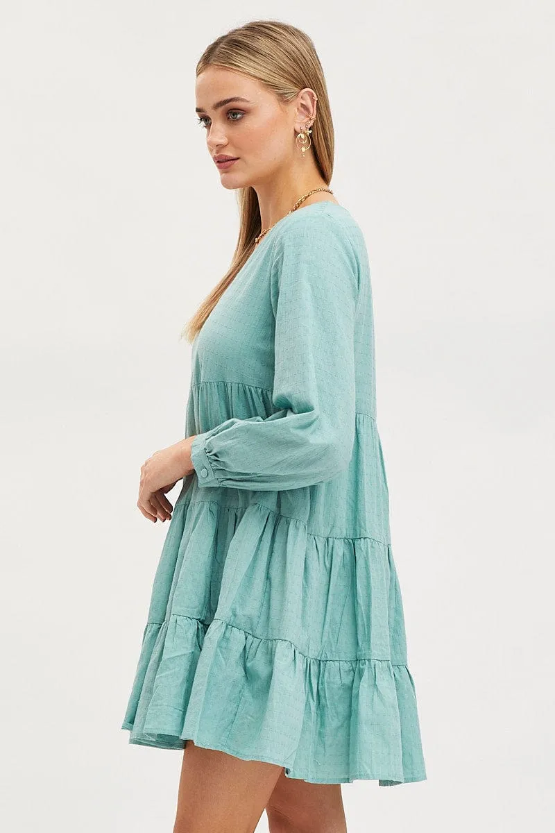 Green Smock Dress Long Sleeve Mini Modern Design Comfortable Style