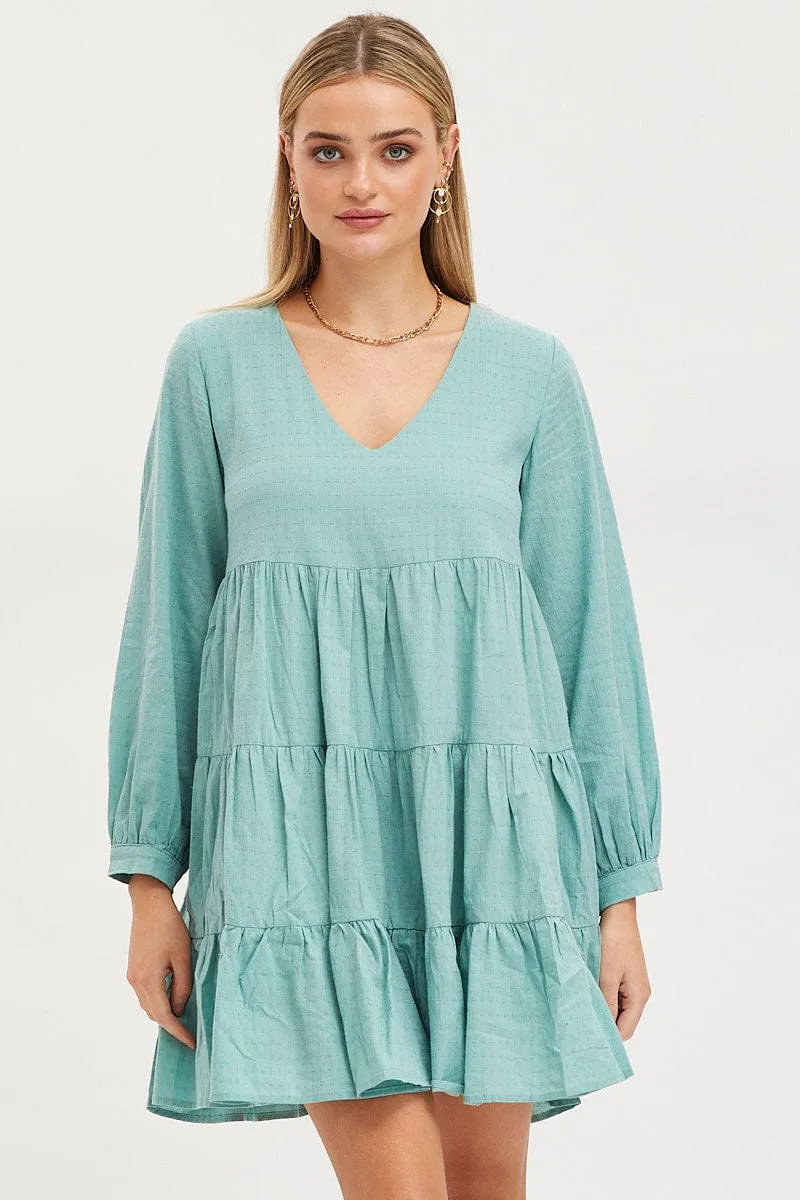 DurableThreadwork Green Smock Dress Long Sleeve Mini