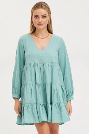 DurableThreadwork Green Smock Dress Long Sleeve Mini