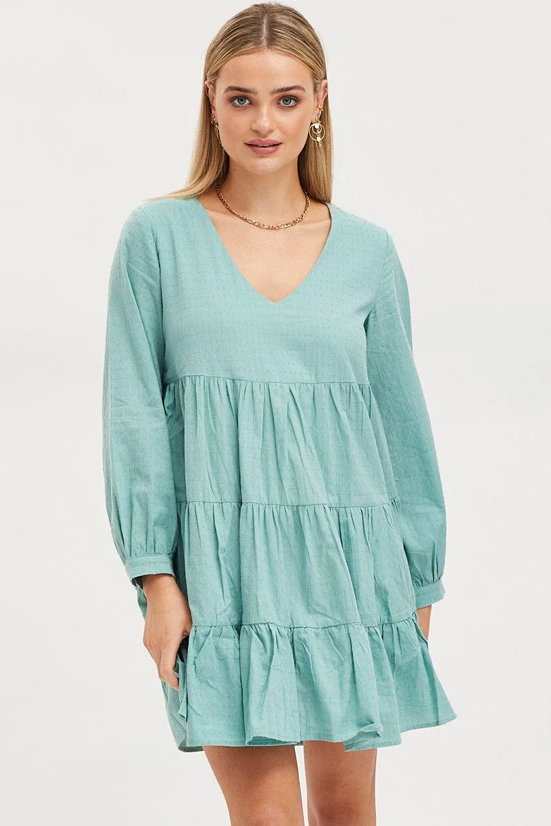 Vision Glow Green Smock Dress Long Sleeve Mini