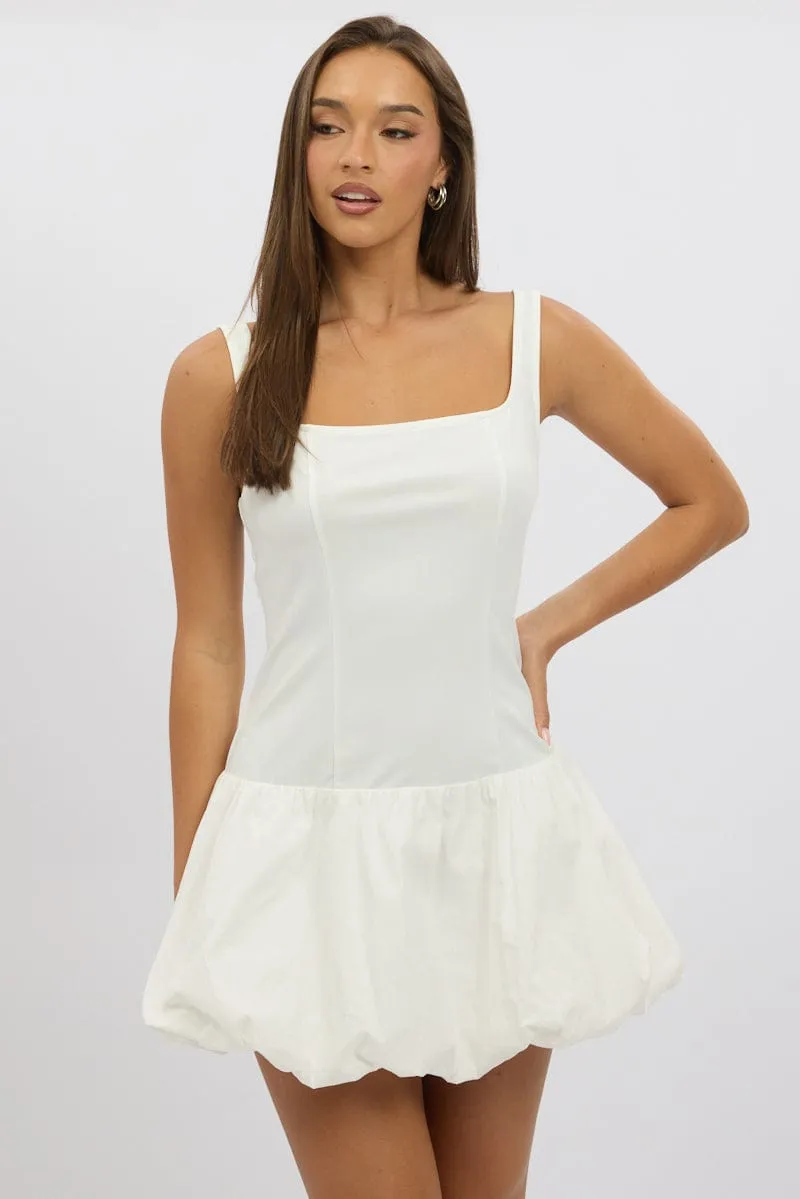 White Bubble Dress Square Neck Ergonomic Pattern