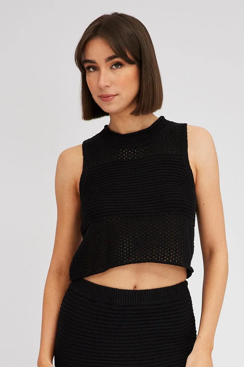SkinFriendlyElastic Black Crochet Knit Tank Top