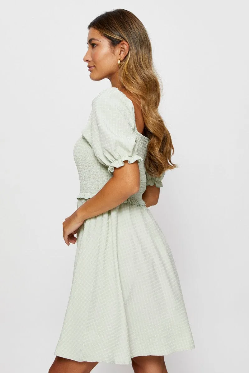 Green Fit And Flare Dress Short Sleeve Square Neck DoubleStitchReinforcement Breezy Fit