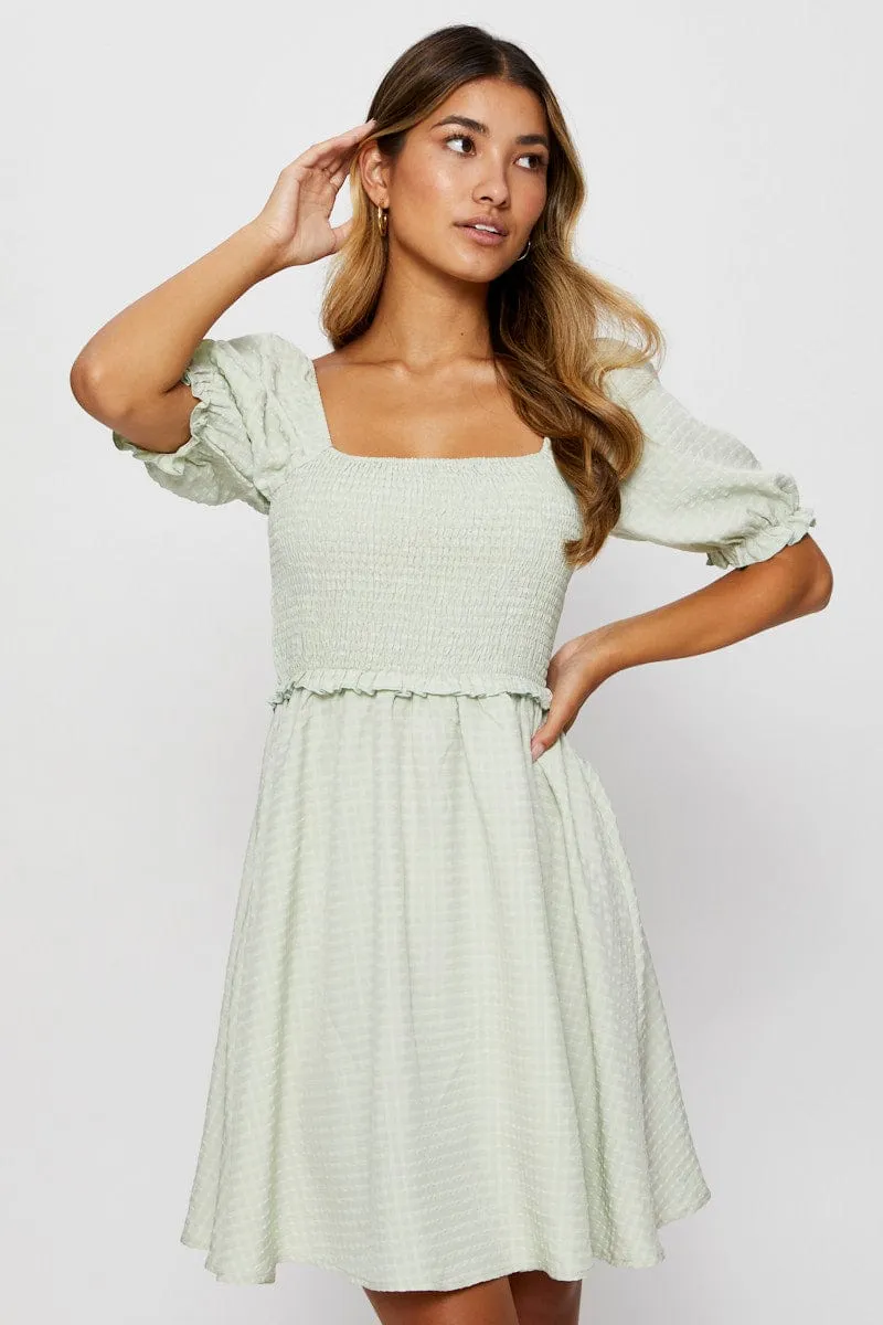 Art Glow Green Fit And Flare Dress Short Sleeve Square Neck