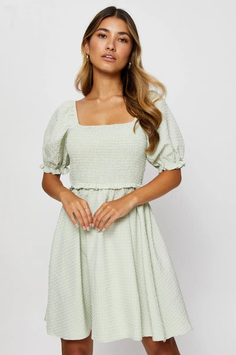 American Ease Sporty Dress Green Fit And Flare Dress Short Sleeve Square Neck