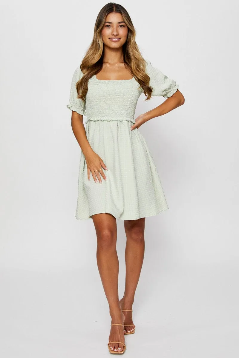 Durable Stitching FadeResistantColors Green Fit And Flare Dress Short Sleeve Square Neck