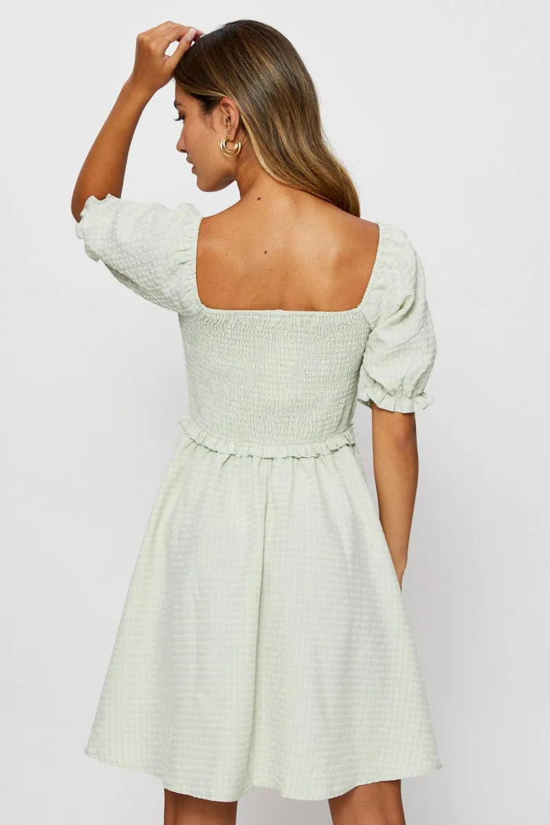 Green Fit And Flare Dress Short Sleeve Square Neck Walk Mood Run Ready