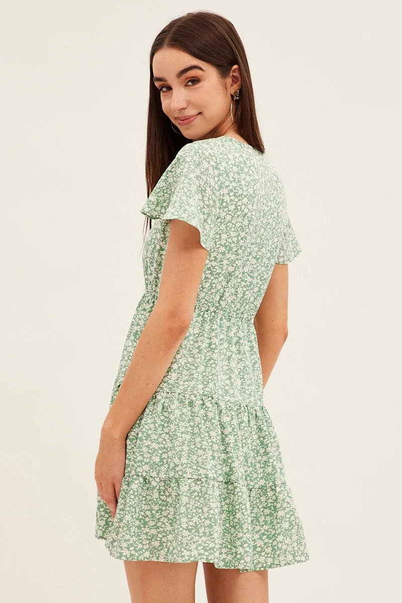 Green Floral Button Front Short Sleeve Mini Skater Dress Warm Knit Dry Touch