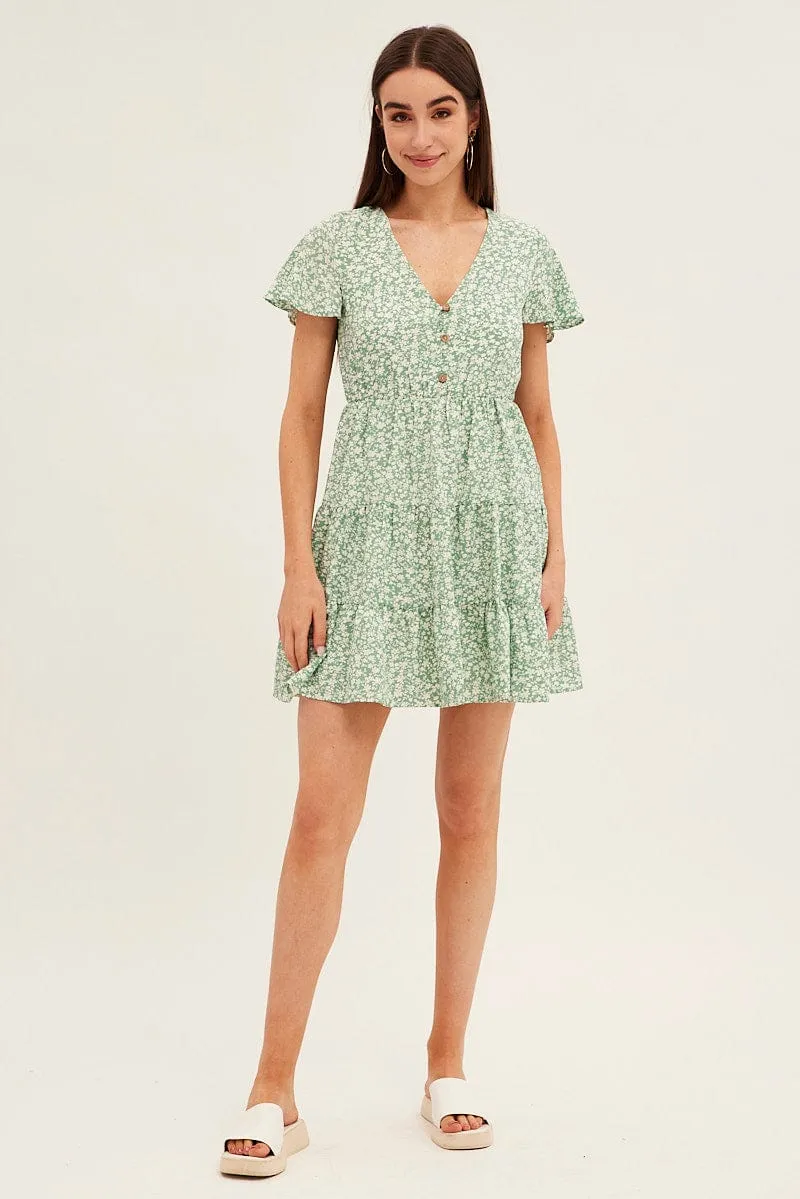 Outdoor Pants Green Floral Button Front Short Sleeve Mini Skater Dress