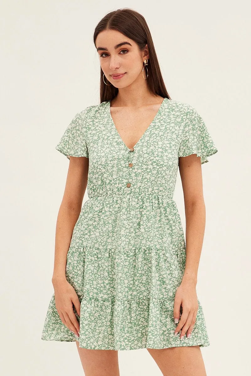 ElasticFree Green Floral Button Front Short Sleeve Mini Skater Dress