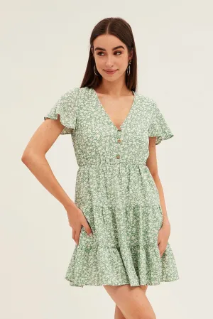 Green Floral Button Front Short Sleeve Mini Skater Dress Airtight Zipper Mom Soft