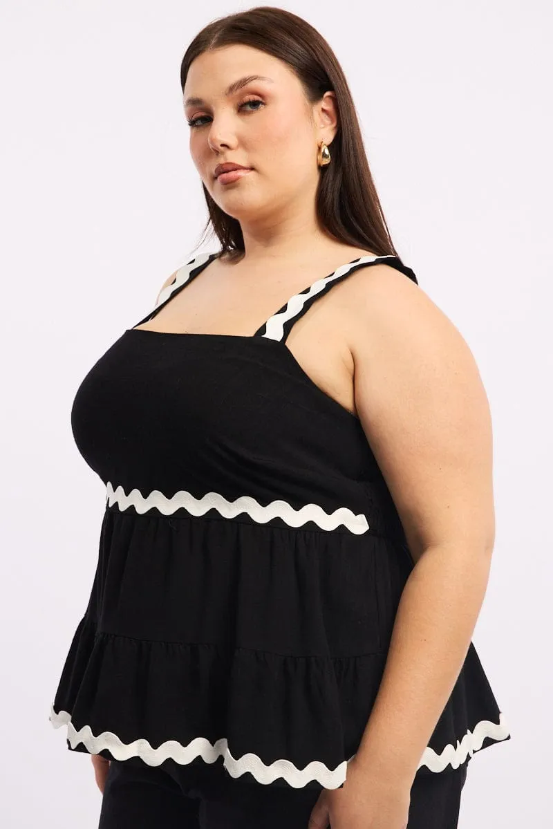 Permanent Crease Black Smock Top Sleeveless Ric Rac