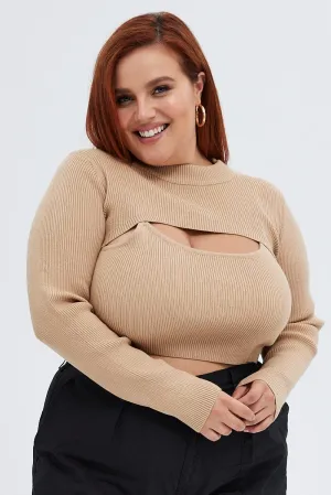 Weekend Wear Chic Jacket Beige Knitted Cami Top And High Neck Shrug Set